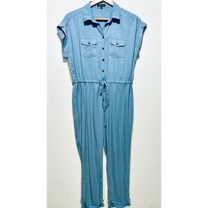 Shinestar jumpsuit button up utility romper blue rayon short sleeve women M